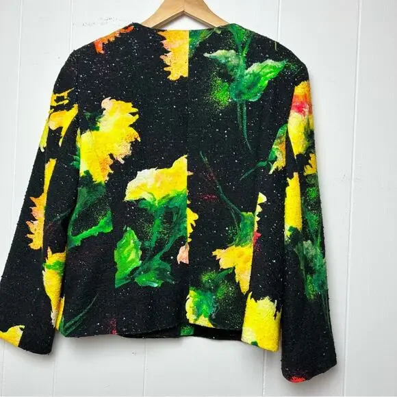 Escada Tweed Black Yellow Floral Cropped Jacket Women’s Size Large/EU40